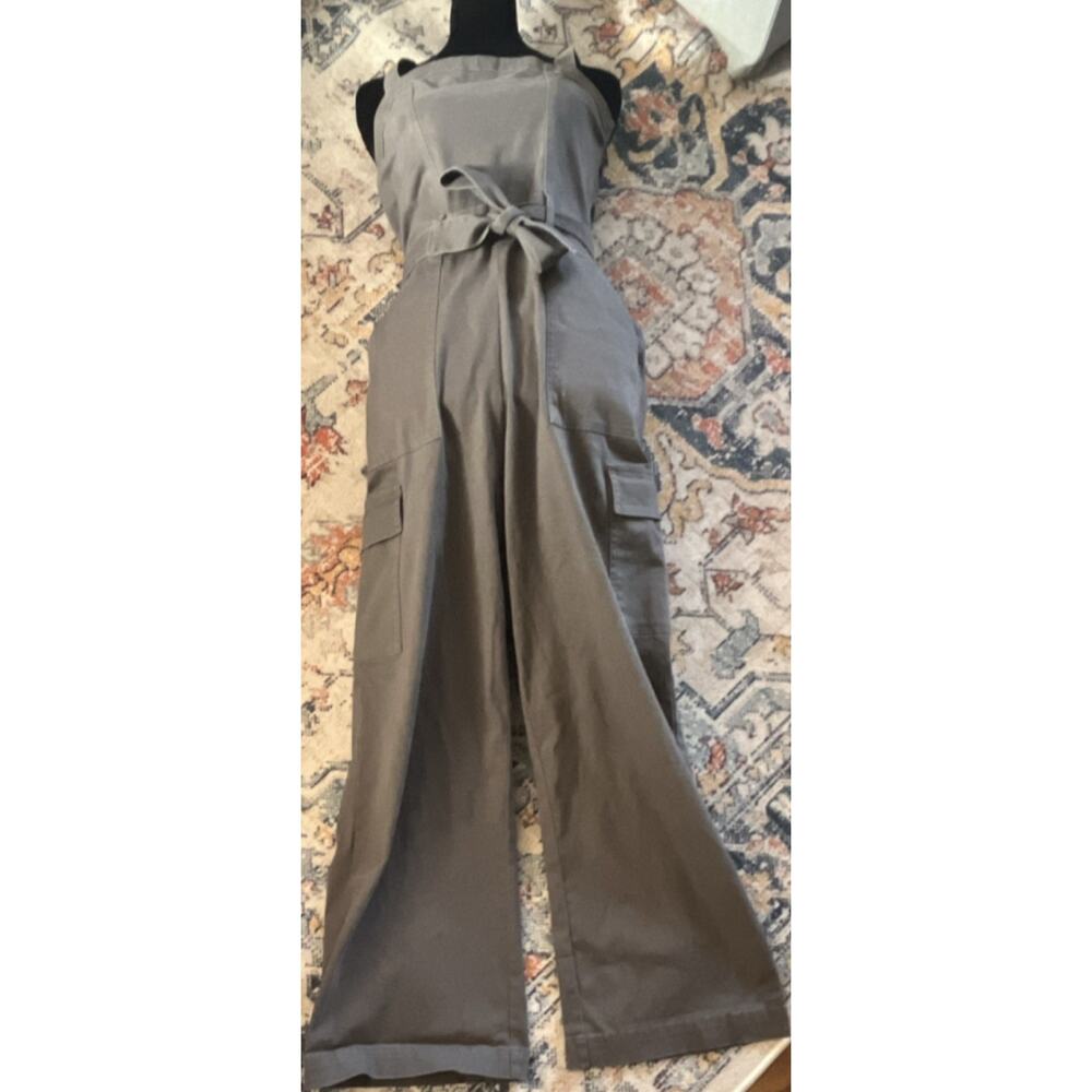 Hollister Women's S Gray Square Neck Wide-Leg Jumpsuit Belted Pockets